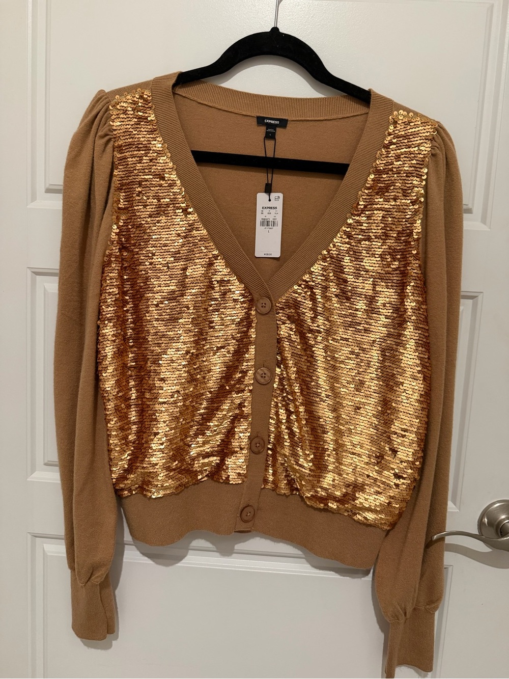 Express Tan Sequin-Trim V-Neck Sweater